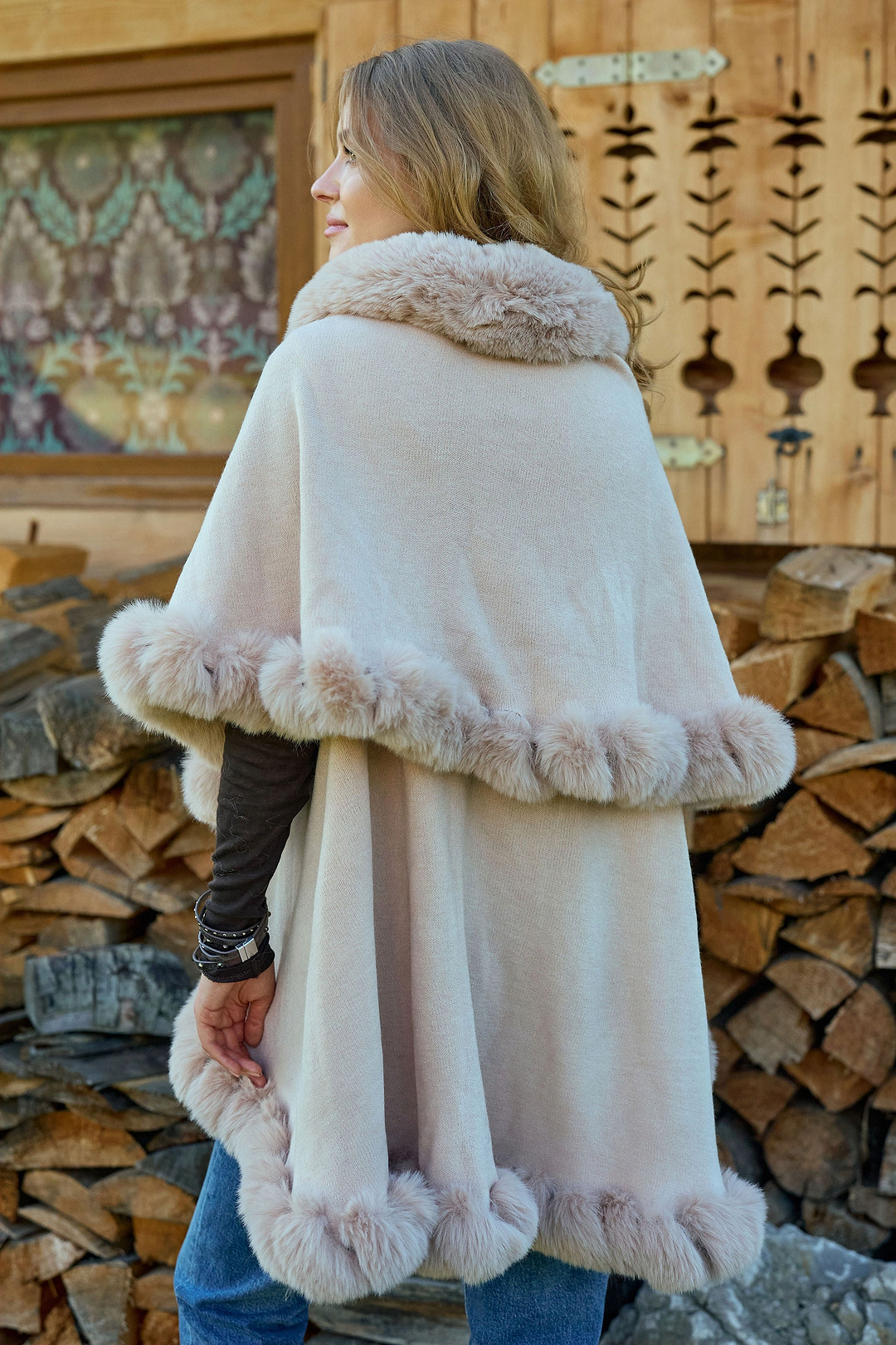 Layered Faux Fur Cape Kimono - Pink