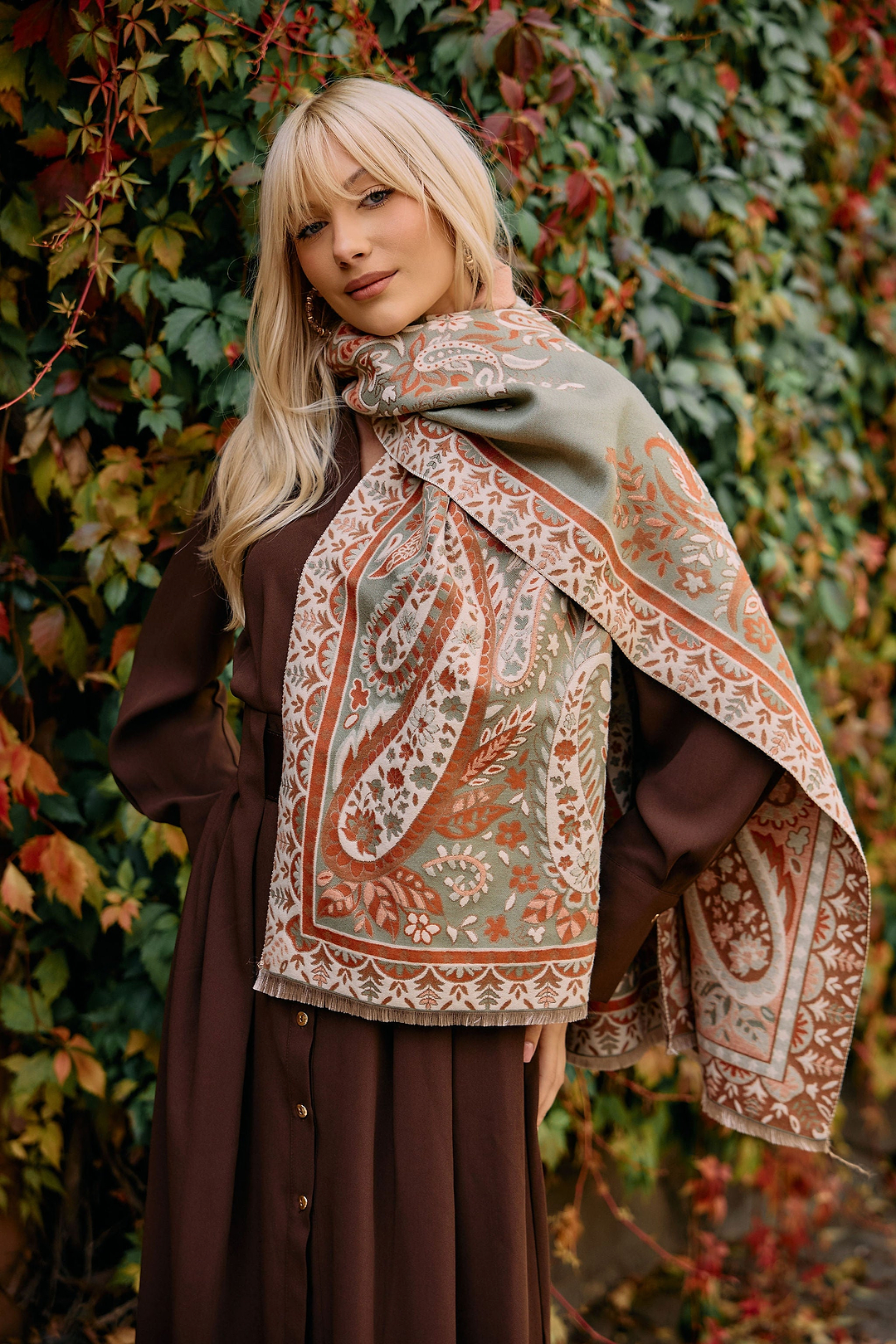 Paisley Motif Reversible Scarf - Green