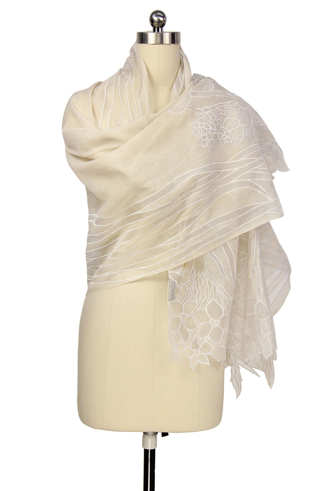Vine with Floral Applique Wool Scarf - Ivory