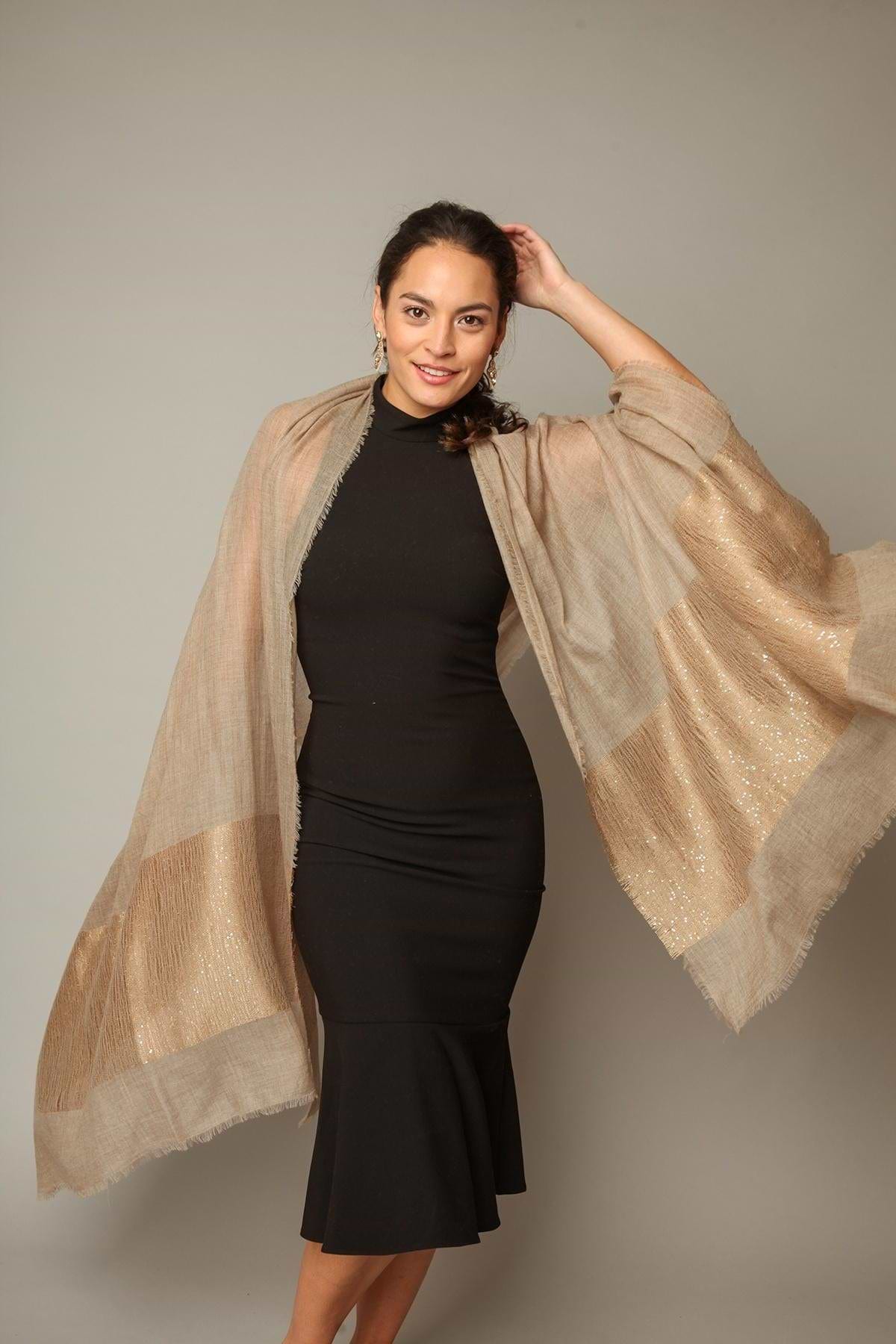 Embellished Cashmere Wrap - Wheat