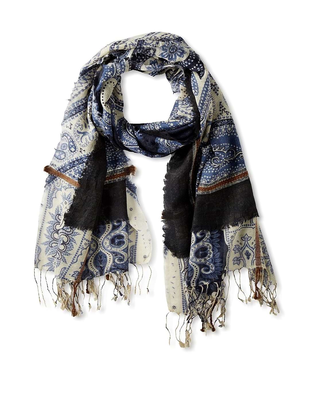 Paisley Patchwork Frayed Scarf - Corn Flower Blue
