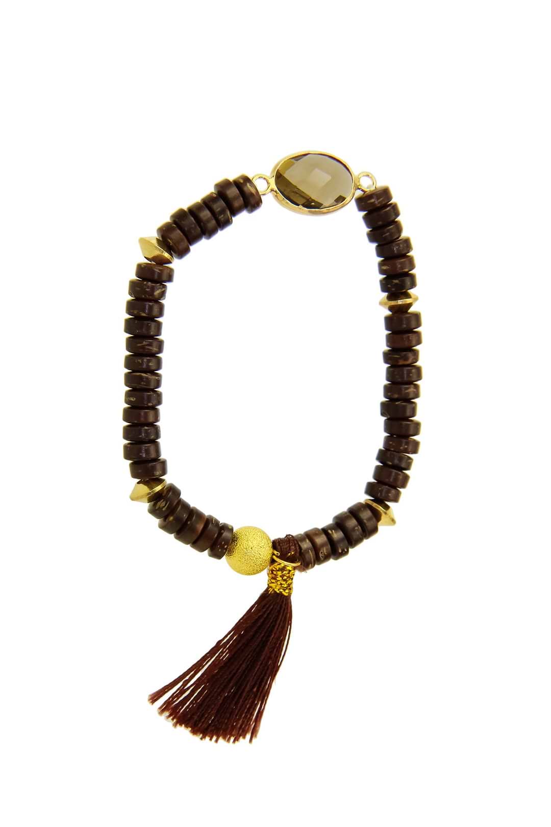Coconut Beads with Brown Connector Tassel Bracelet - Brown