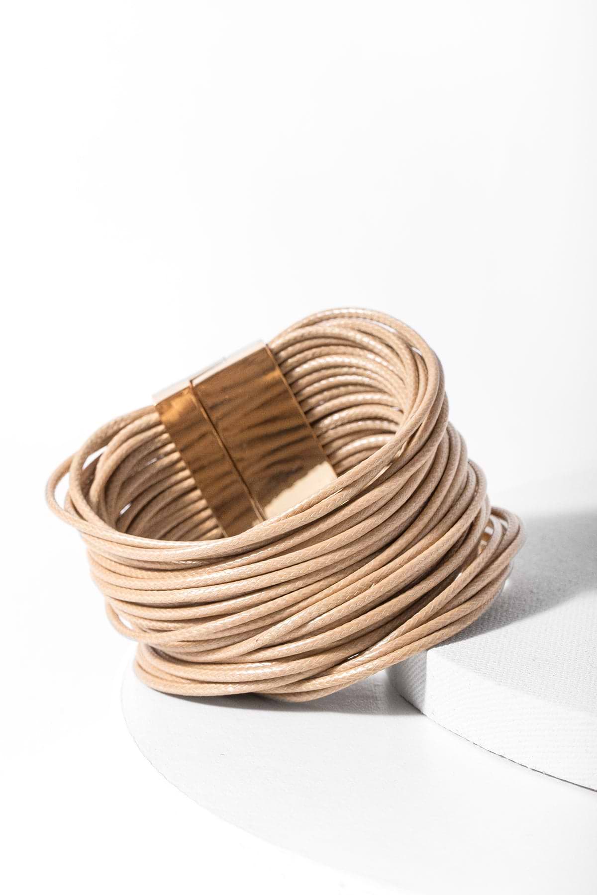 Simple Metallic Cord Leather Bracelet Black Tan