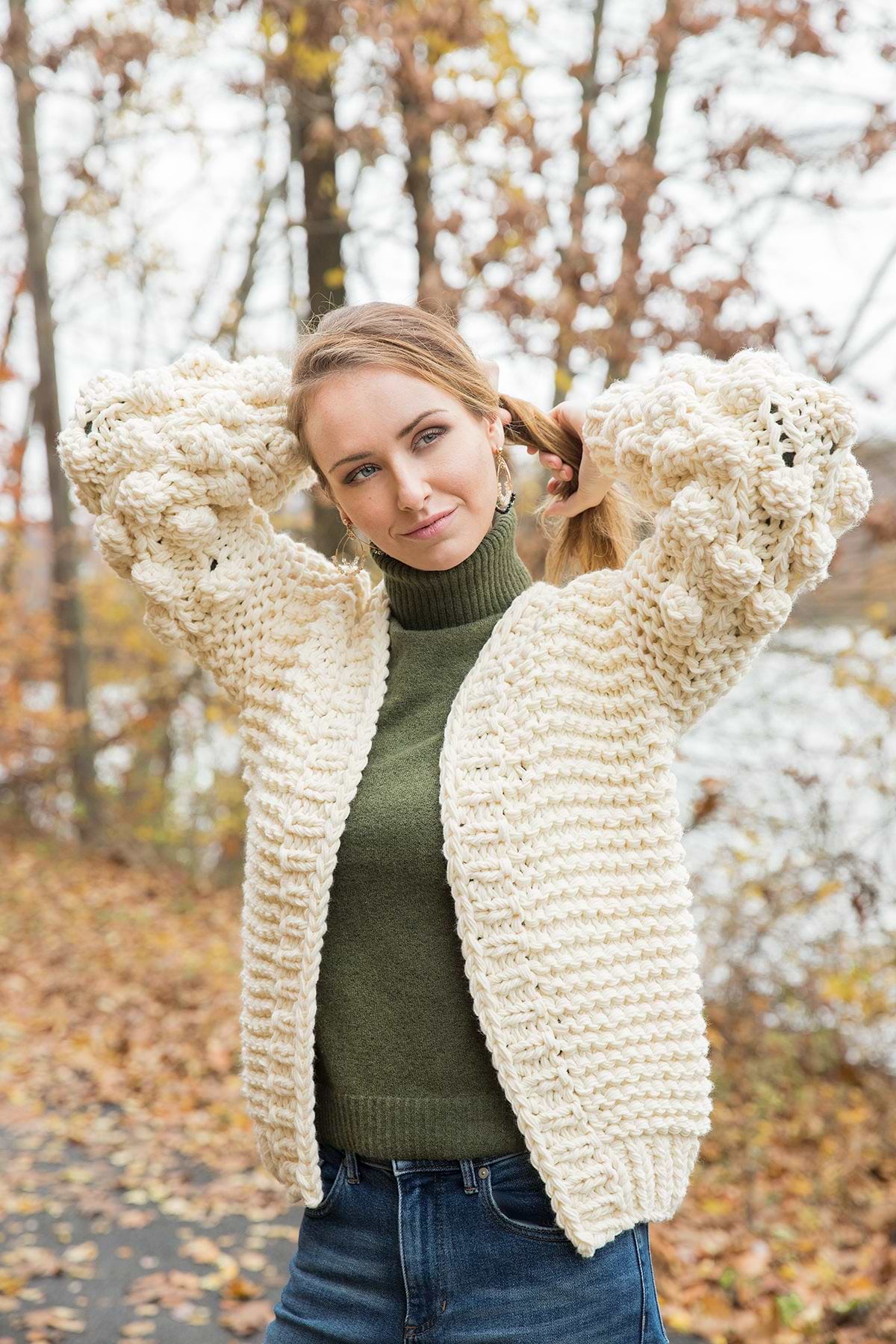 Knit Cardigan With Bauble Sleeves - Ivory