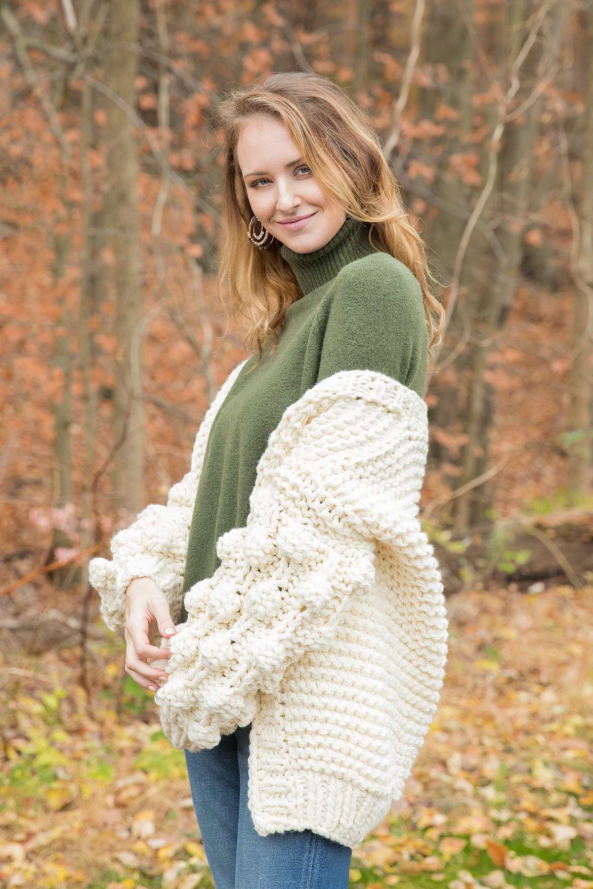 Knit Cardigan With Bauble Sleeves - Ivory