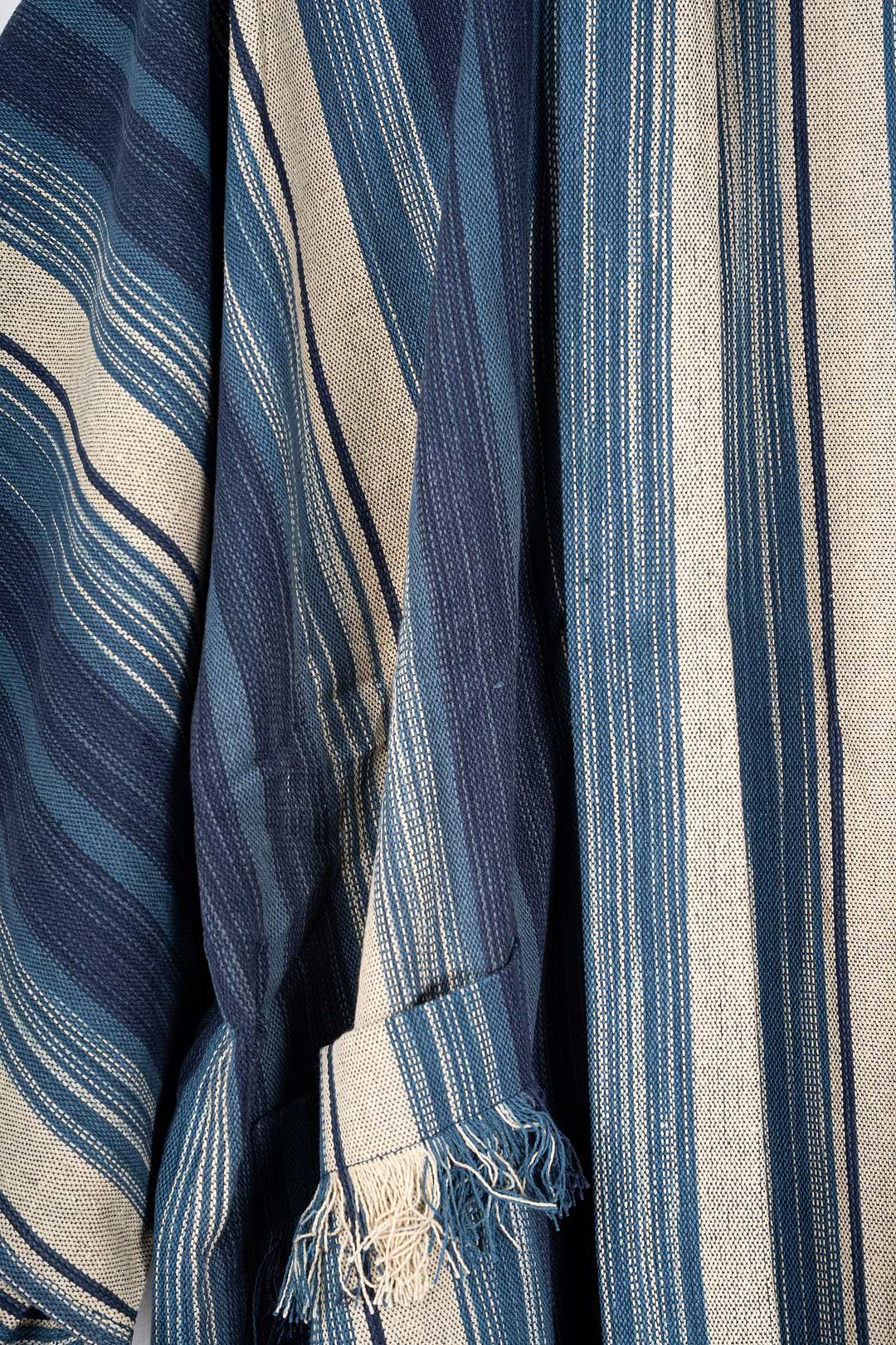 Striped Cotton Fringe Kimono - Steel Blue