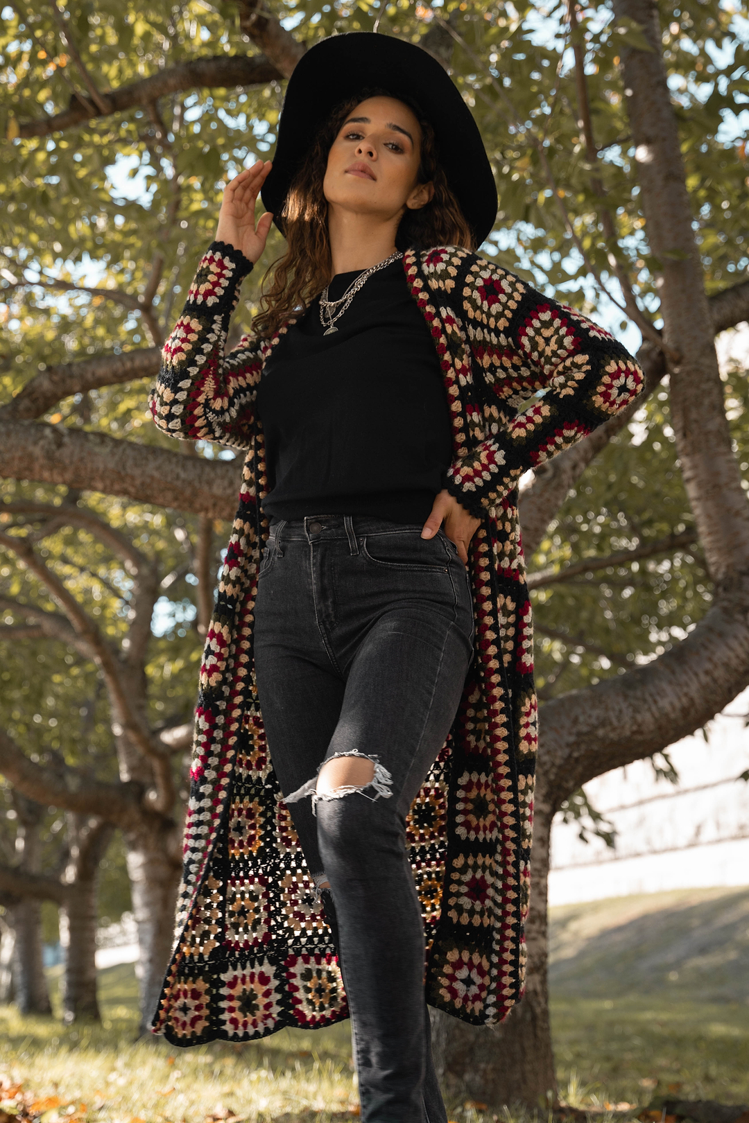 Crochet Kimono Long Cardigan Sweater - Black