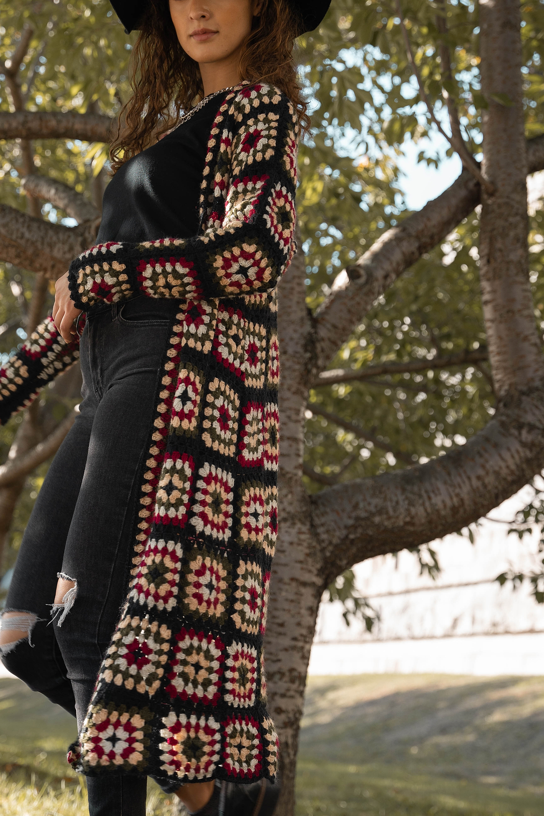 Crochet Kimono Long Cardigan Sweater - Black