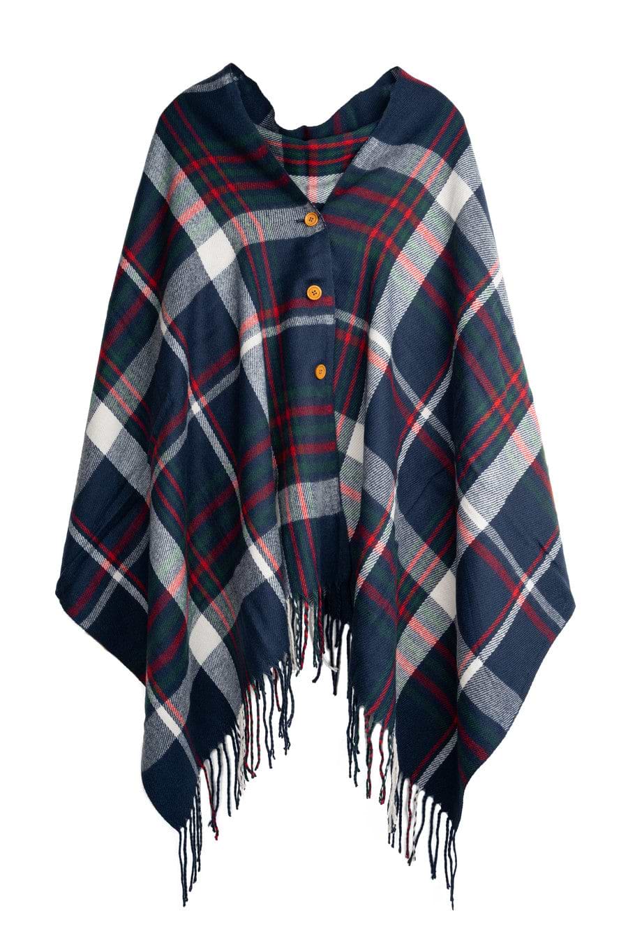 Plaid Tassel Buttoned Poncho - Navy