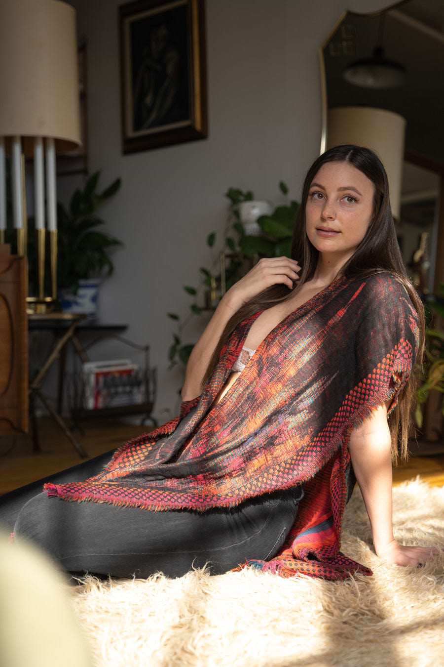 Woven Fringed Kimono - Dark Red