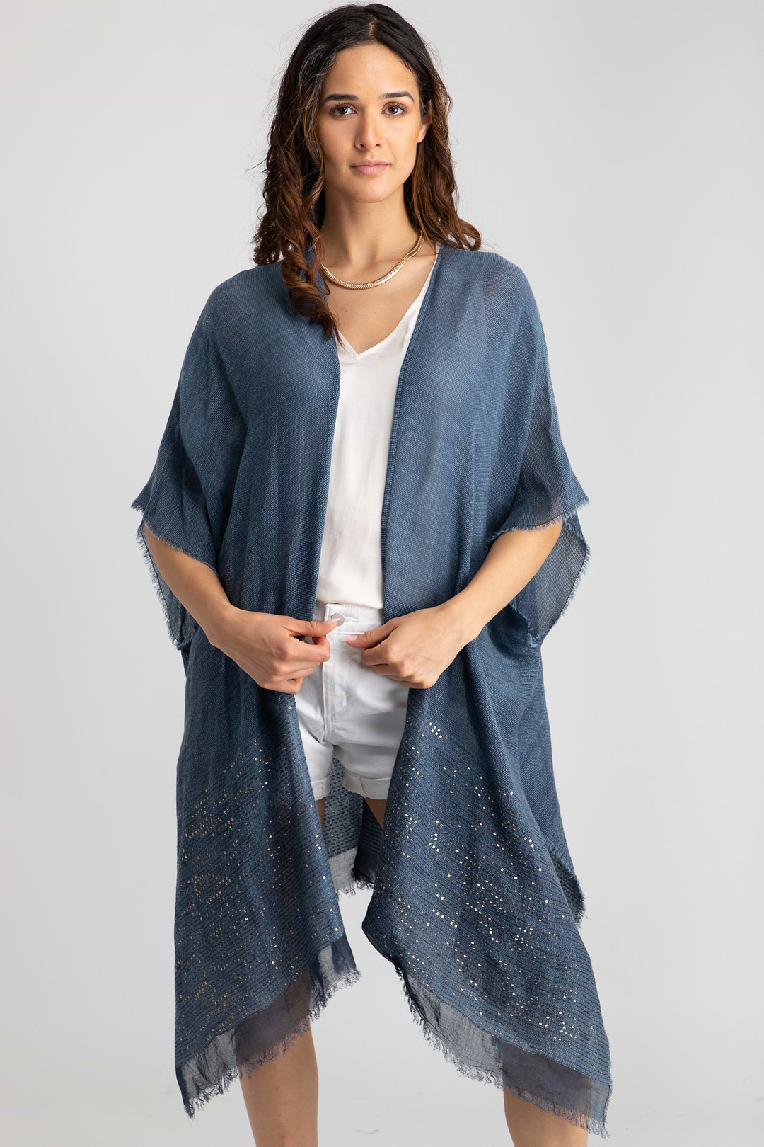 Fringed Sequin Kimono - Steel Blue