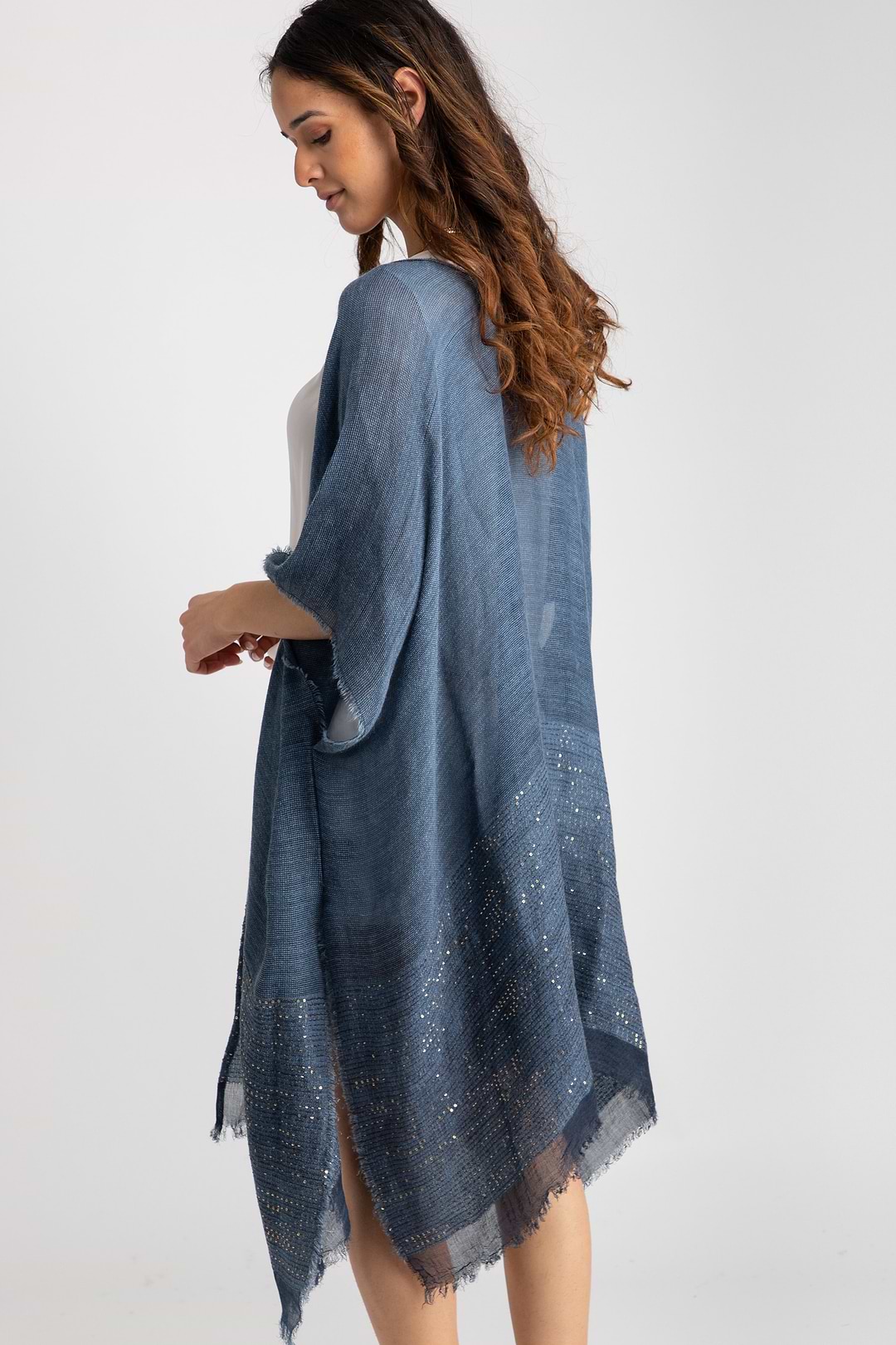Fringed Sequin Kimono - Steel Blue