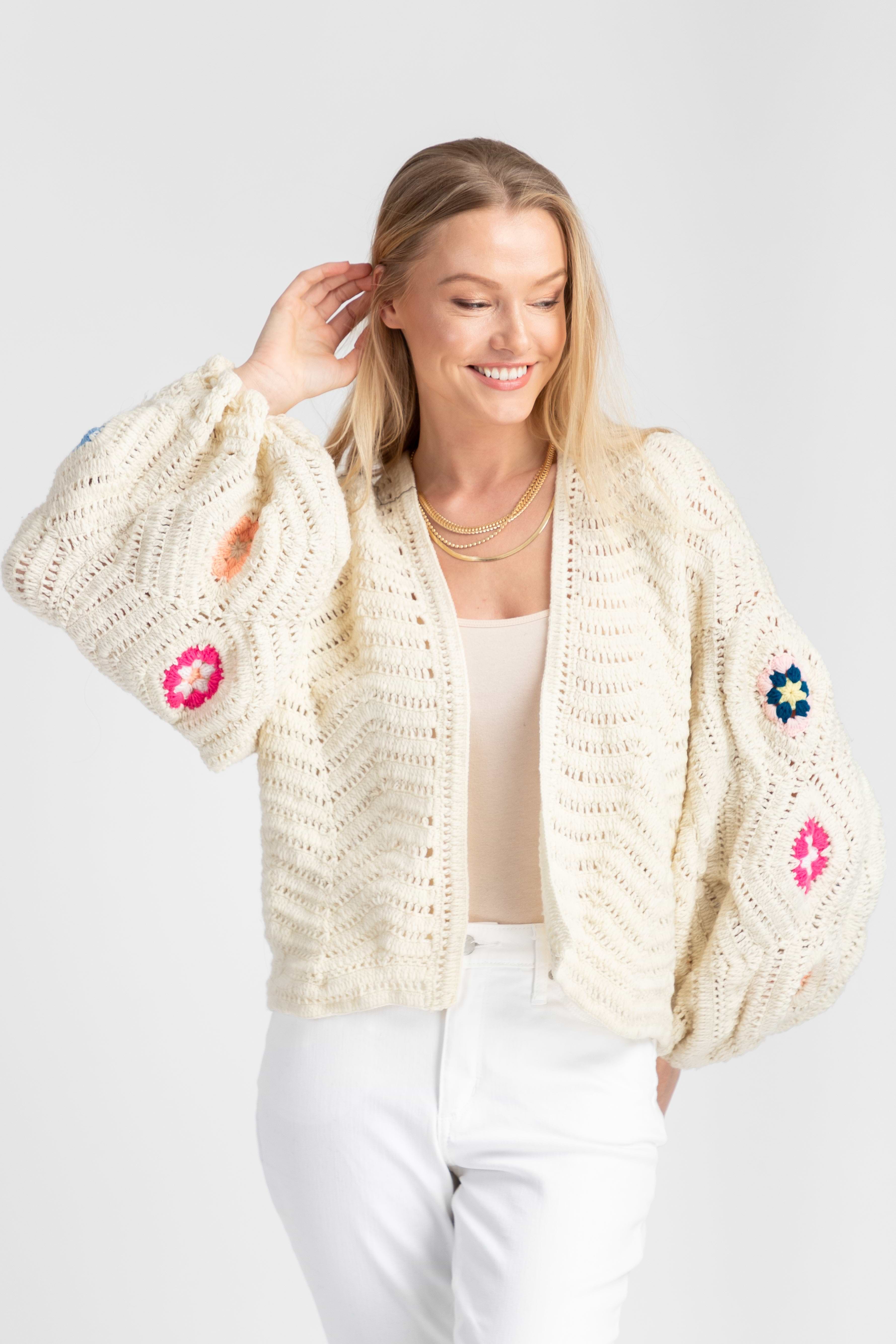 Crochet Knit Floral Sleeve Cardigan | SAACHI