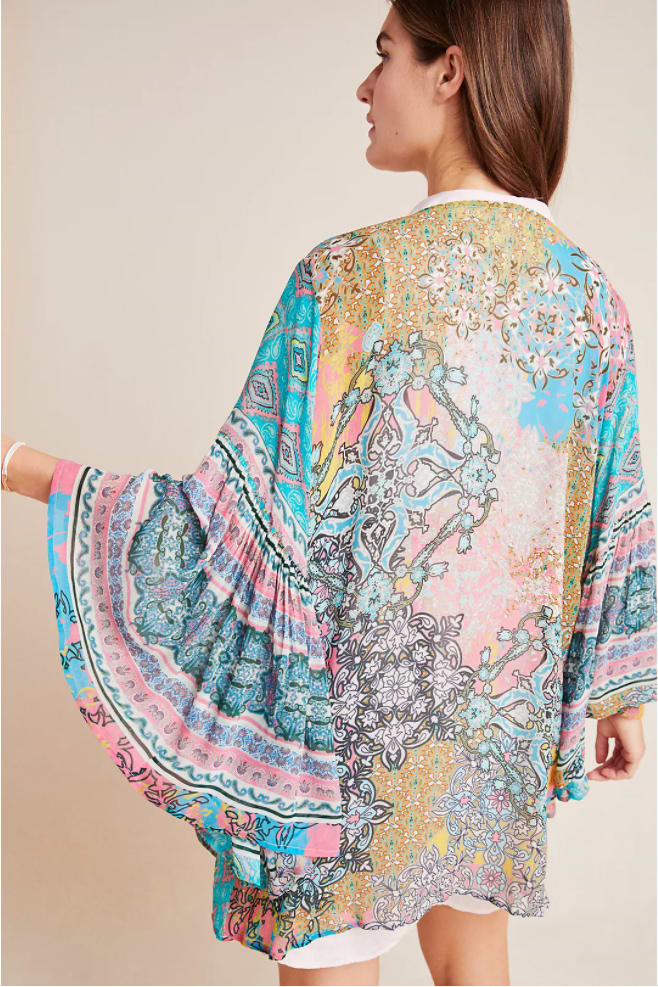 Mystical Garden Ruffle Sleeve Kimono - PaleTurquoise