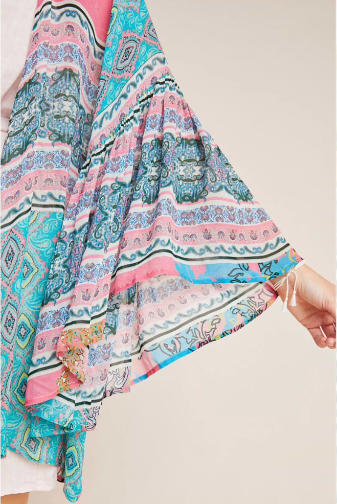 Mystical Garden Ruffle Sleeve Kimono - PaleTurquoise