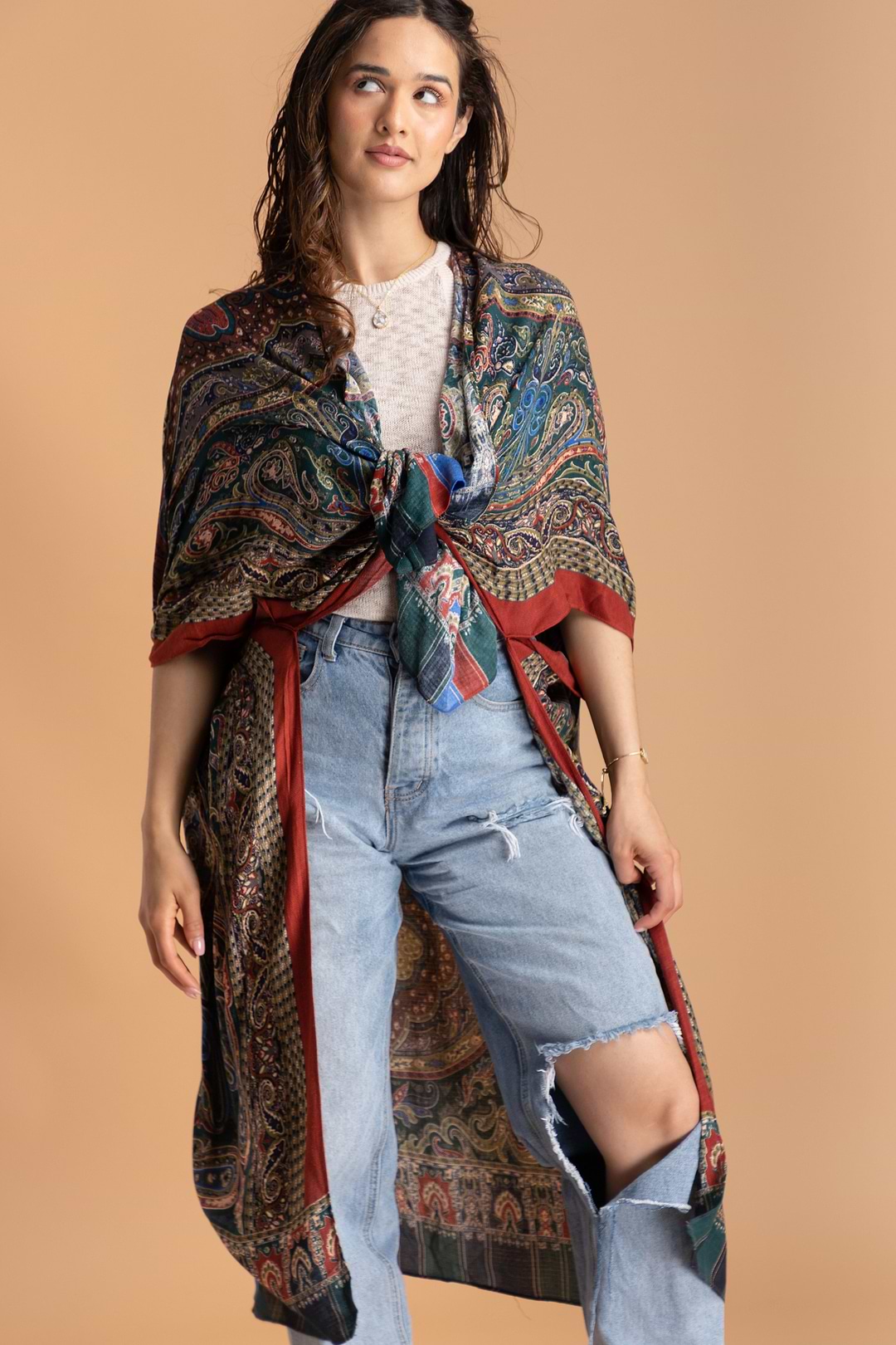 Paisley High Low Kimono Slate Gray