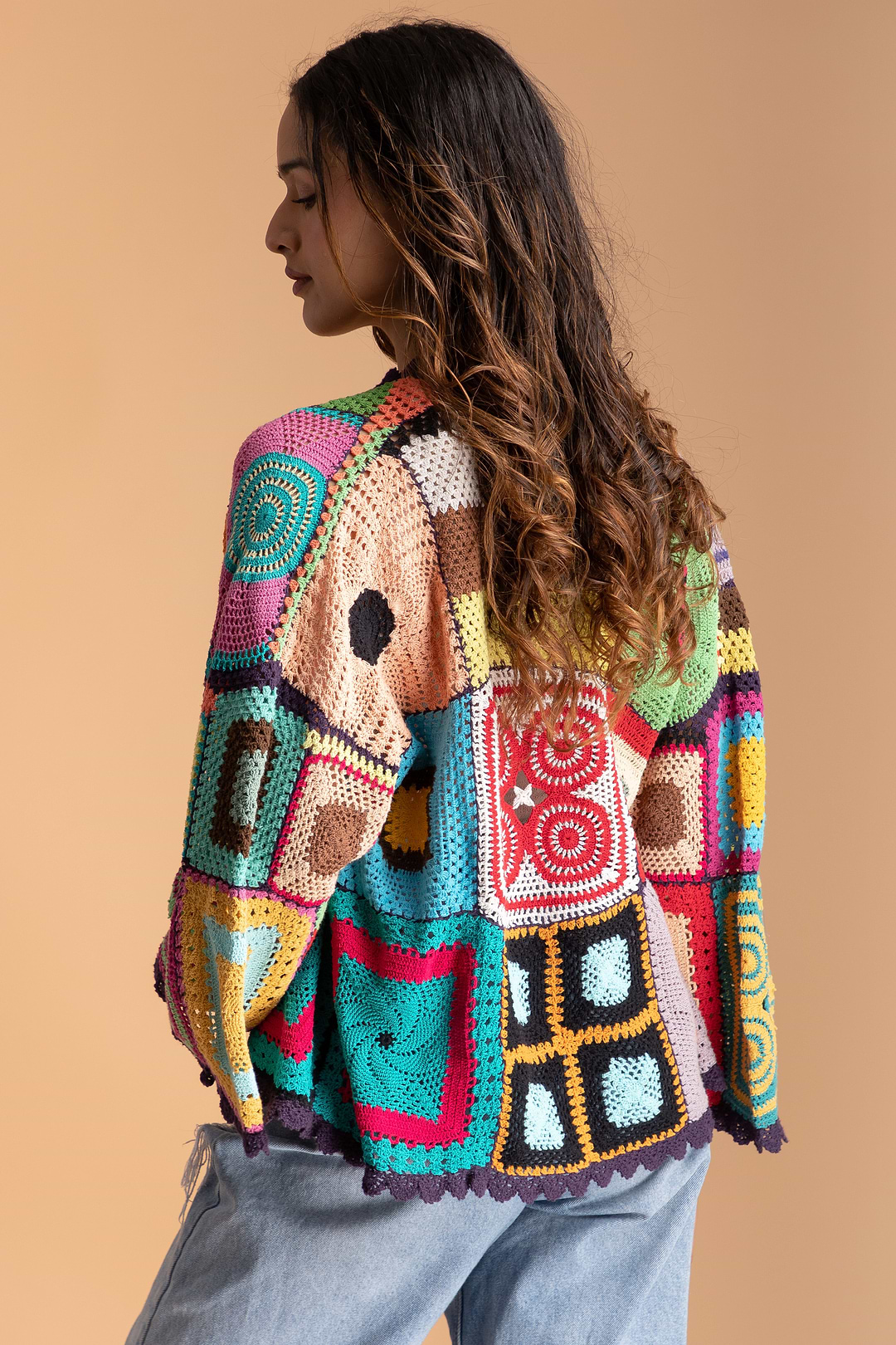 Multicolored Crochet Cardigan Cotton Jacket - Dark Multi