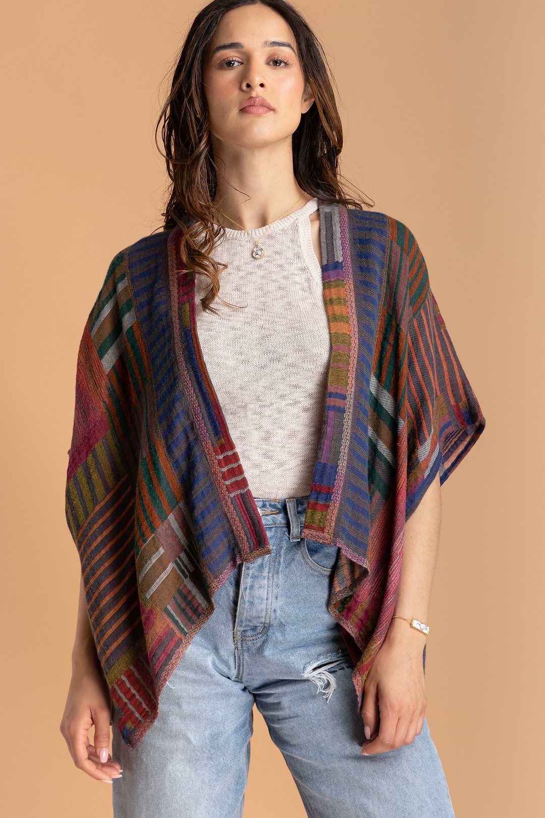 Multi Square Stripe Short Poncho - Multi
