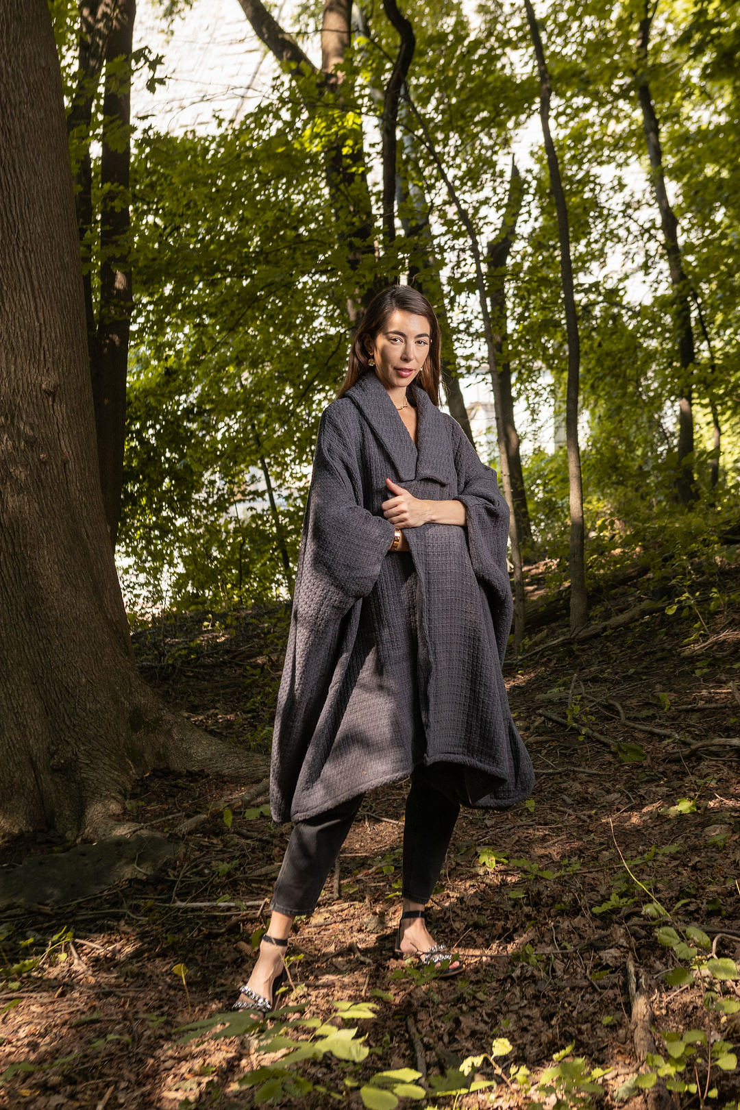 Comfy Oversized Waffle Knit Collared Jacket - Dark Gray