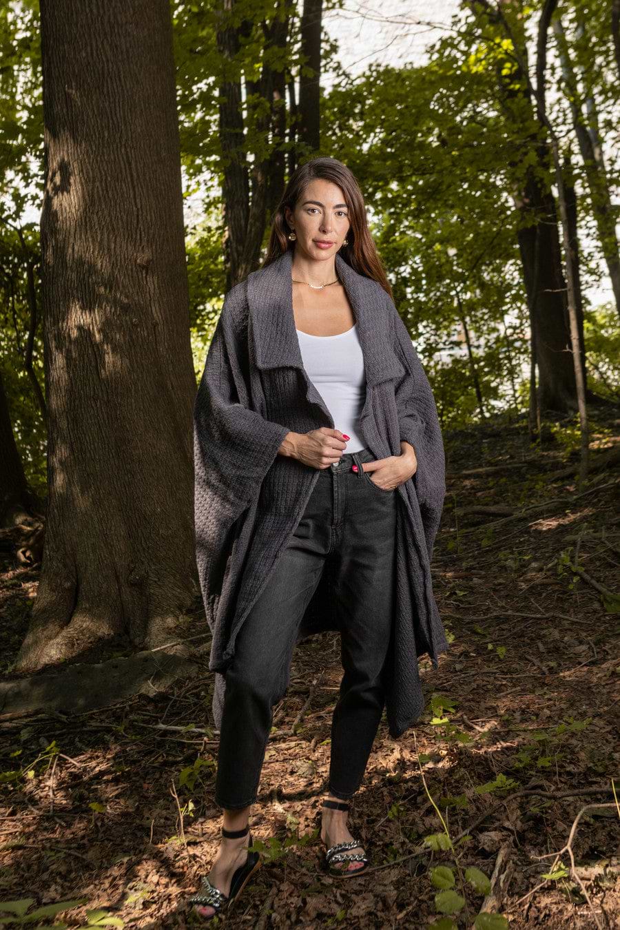 Comfy Oversized Waffle Knit Collared Jacket - Dark Gray