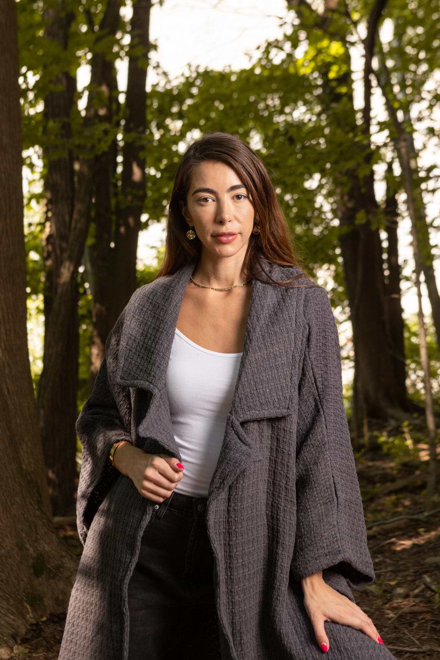 Comfy Oversized Waffle Knit Collared Jacket - Dark Gray
