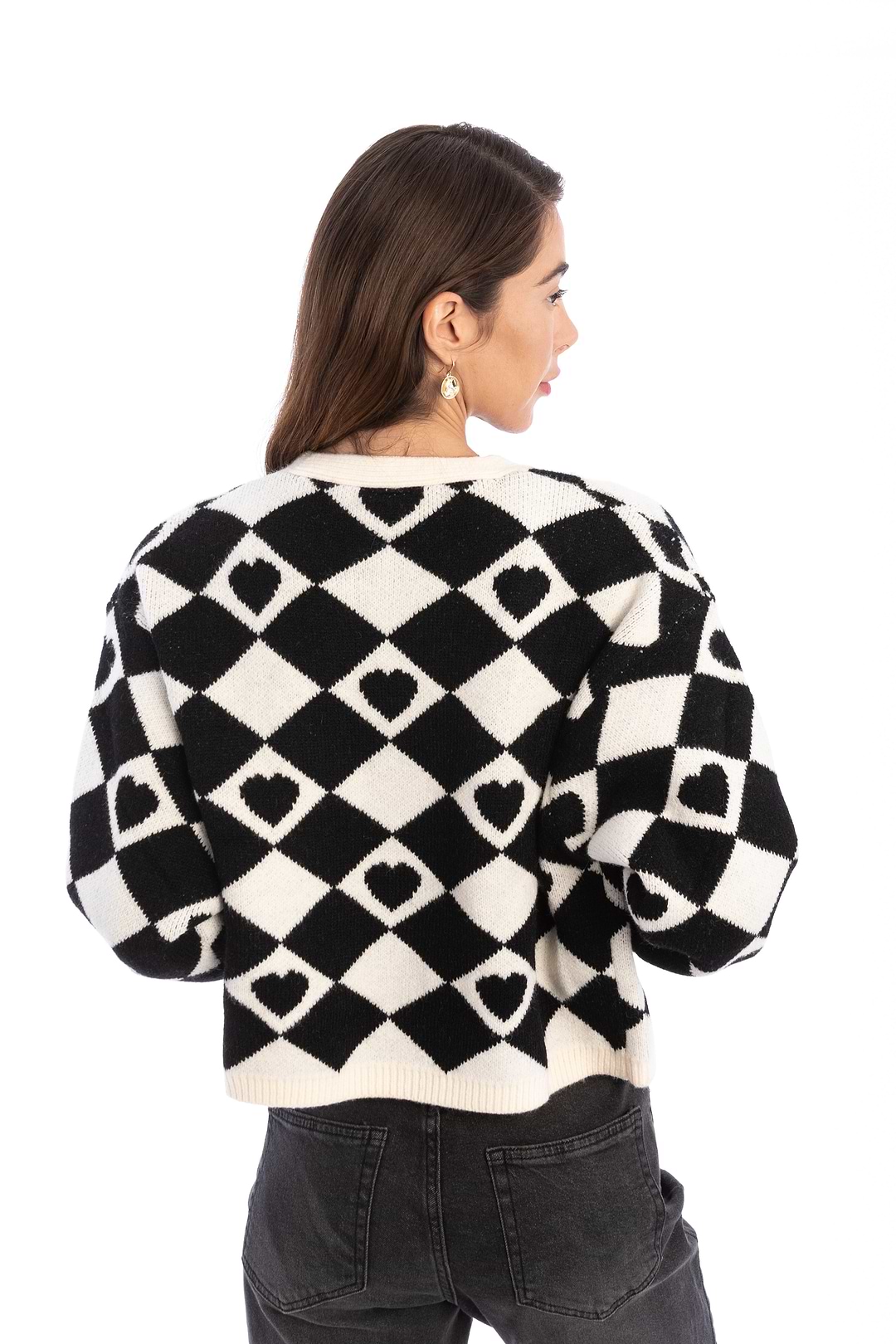 Checkered Hearts Cardigan Cropped - White
