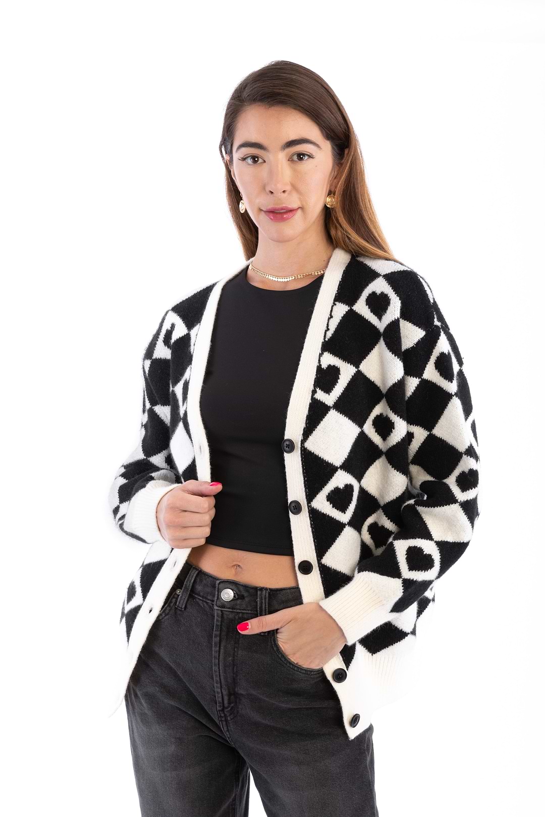 Checkered Hearts Cardigan - Black