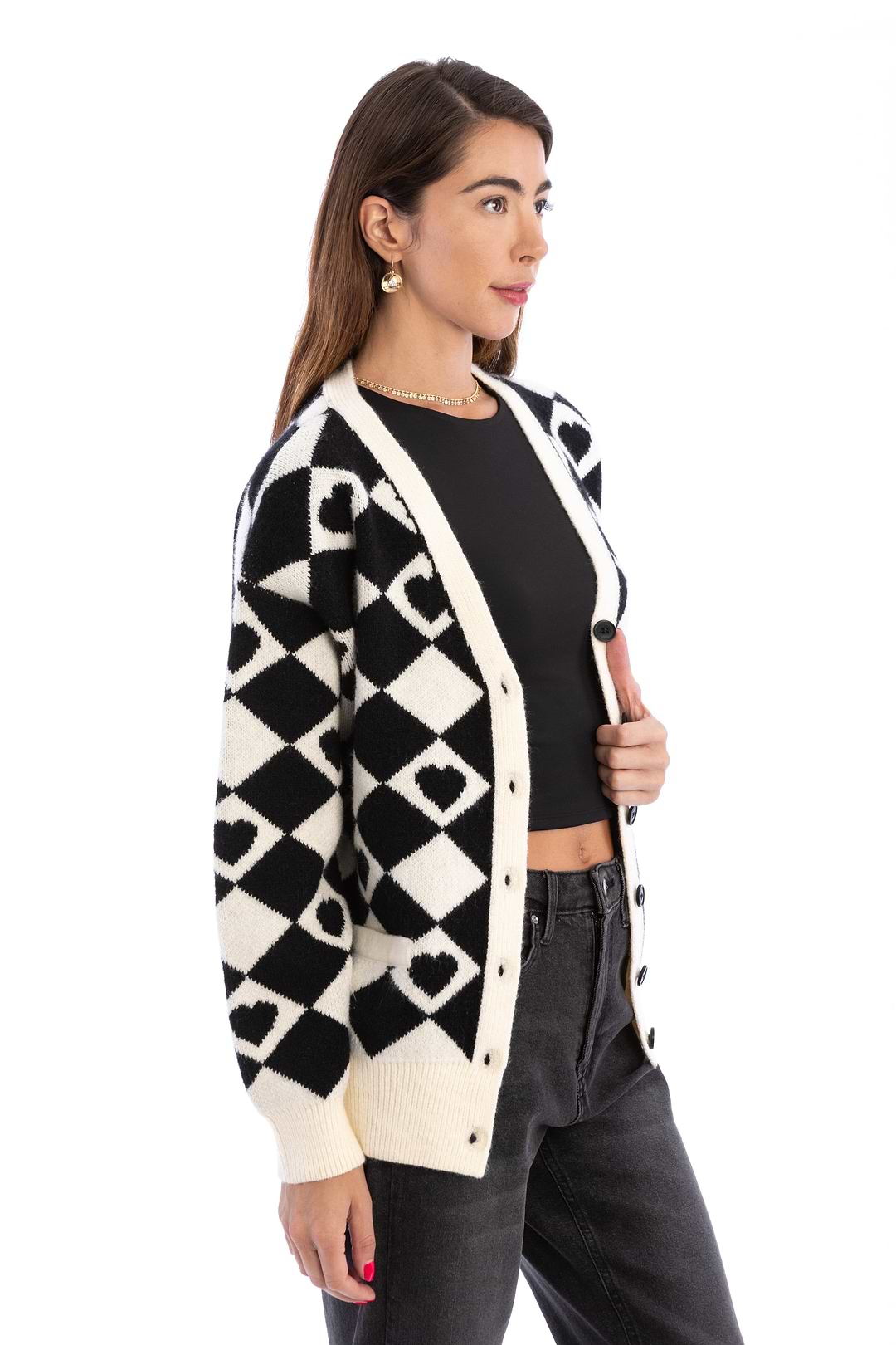 Checkered Hearts Cardigan - Black
