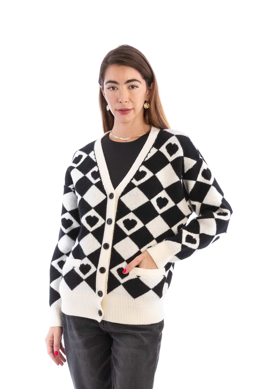 Checkered Hearts Cardigan - Black