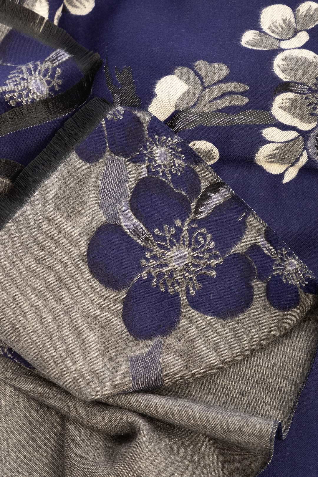 Two Color Floral Reversible Scarf - Navy