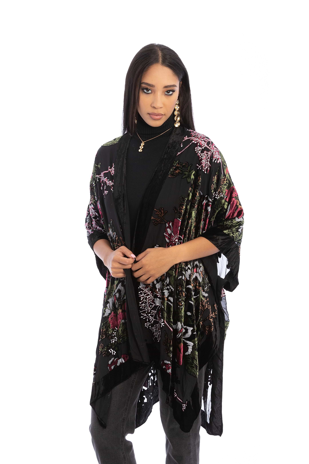 Black Velvet Kimono for Winter - Black