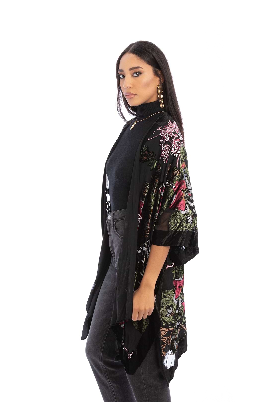 Black Velvet Kimono for Winter - Black