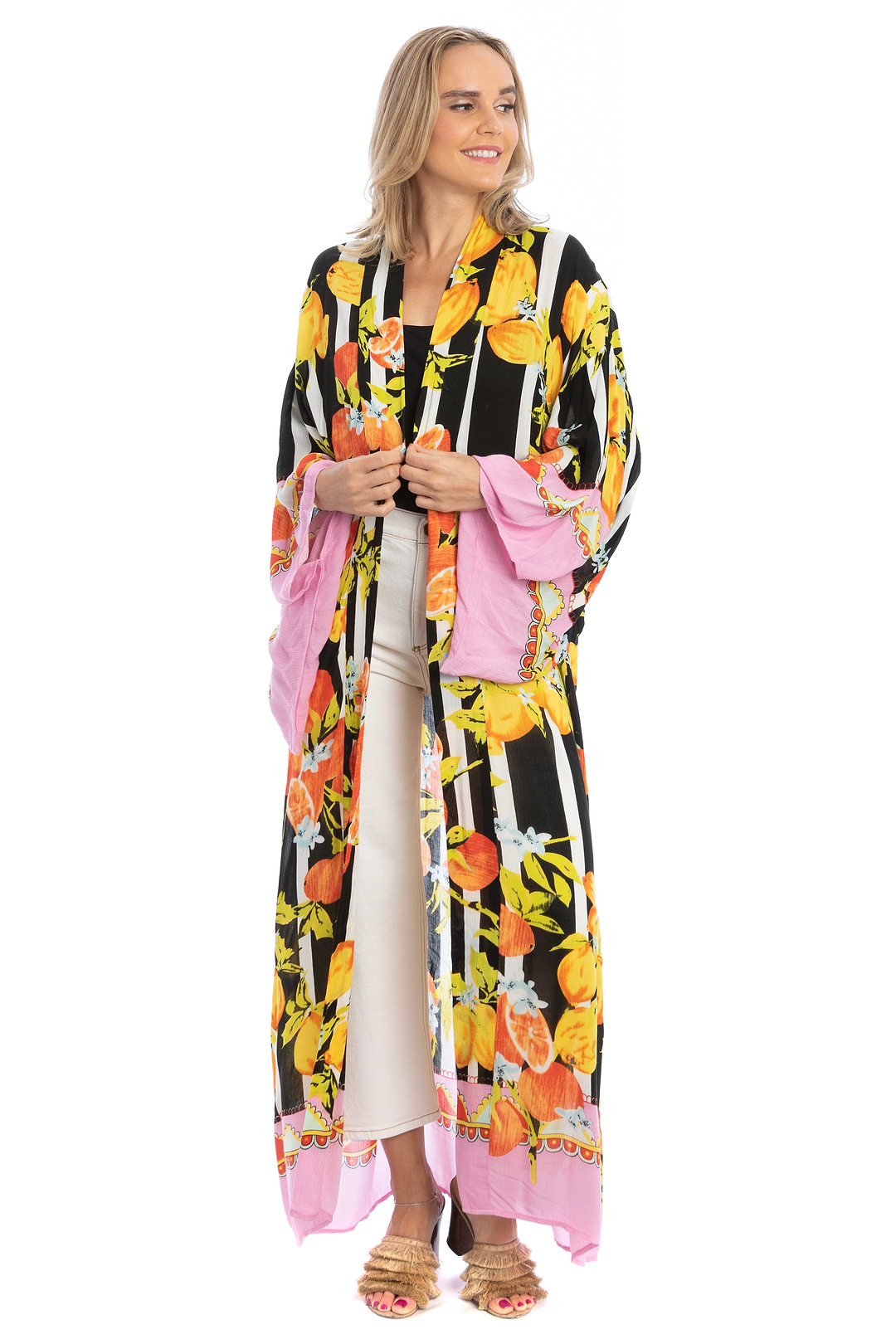 Citrus Print Kimono Long - Black