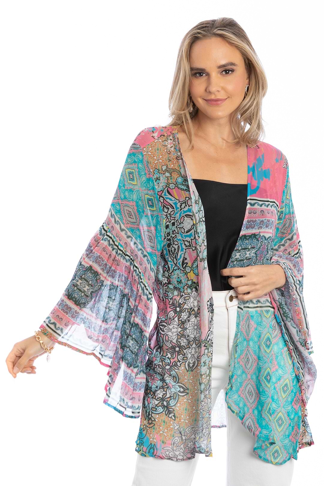 Mystical Garden Ruffle Sleeve Kimono - PaleTurquoise