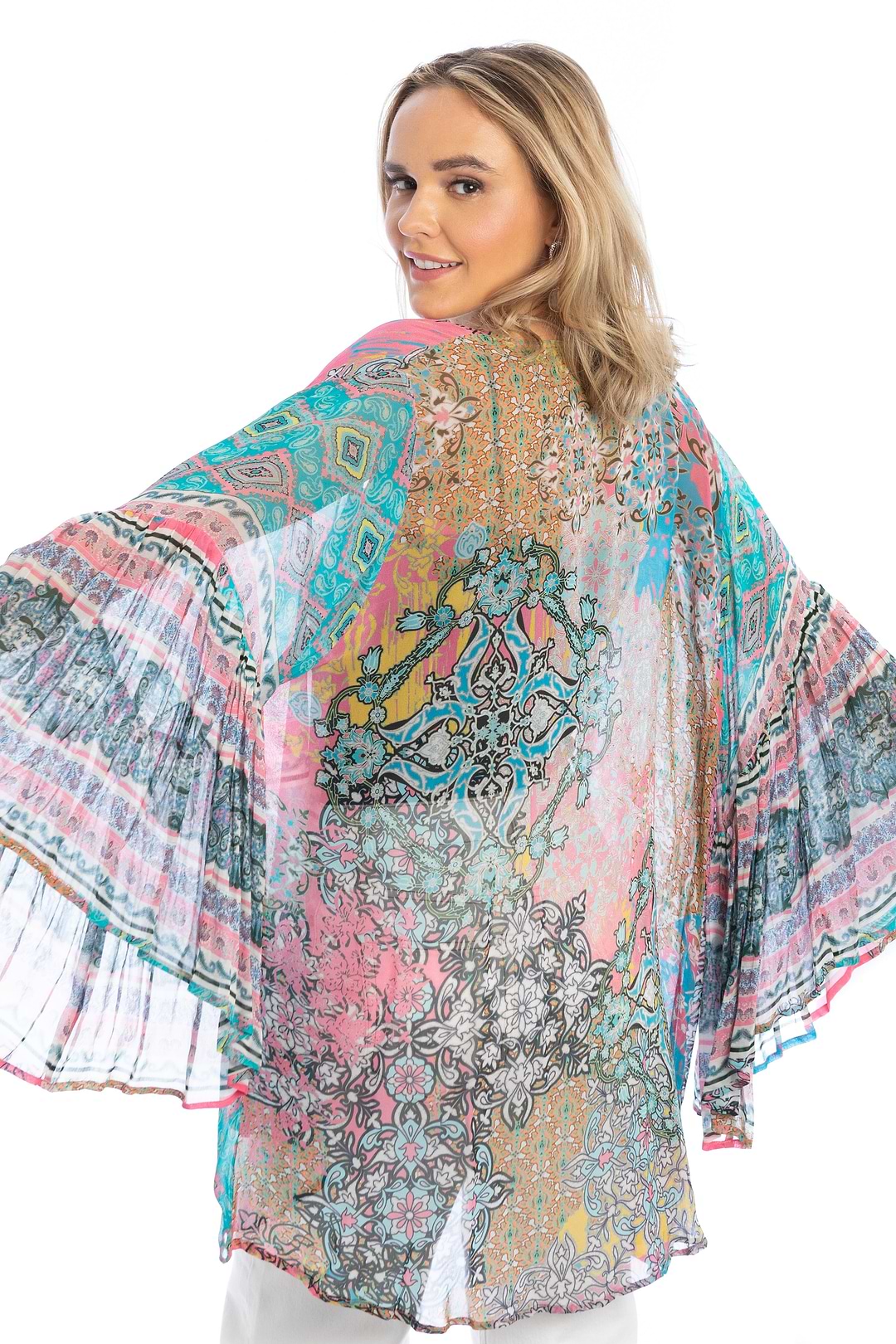 Mystical Garden Ruffle Sleeve Kimono - PaleTurquoise