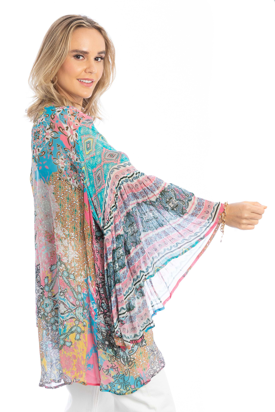 Mystical Garden Ruffle Sleeve Kimono - PaleTurquoise