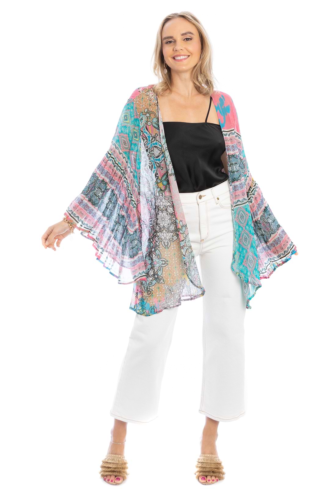 Mystical Garden Ruffle Sleeve Kimono - PaleTurquoise