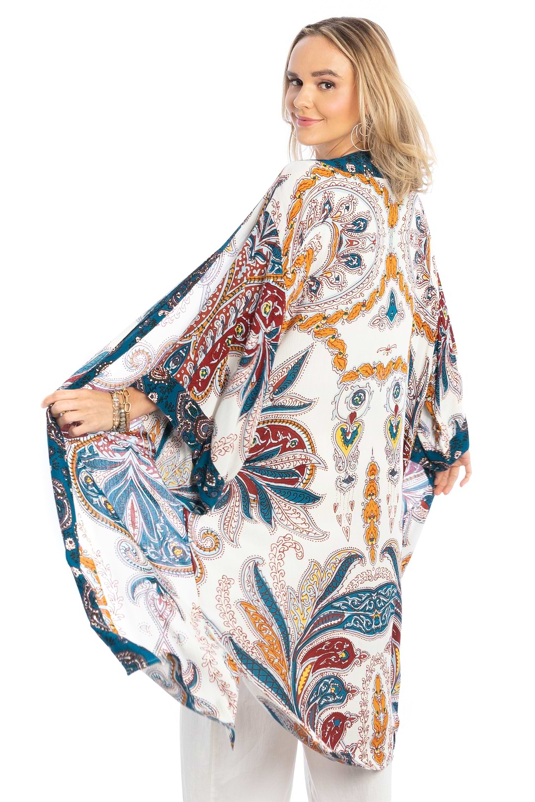 Multicolored Paisley Kimono Duster Long - Blue