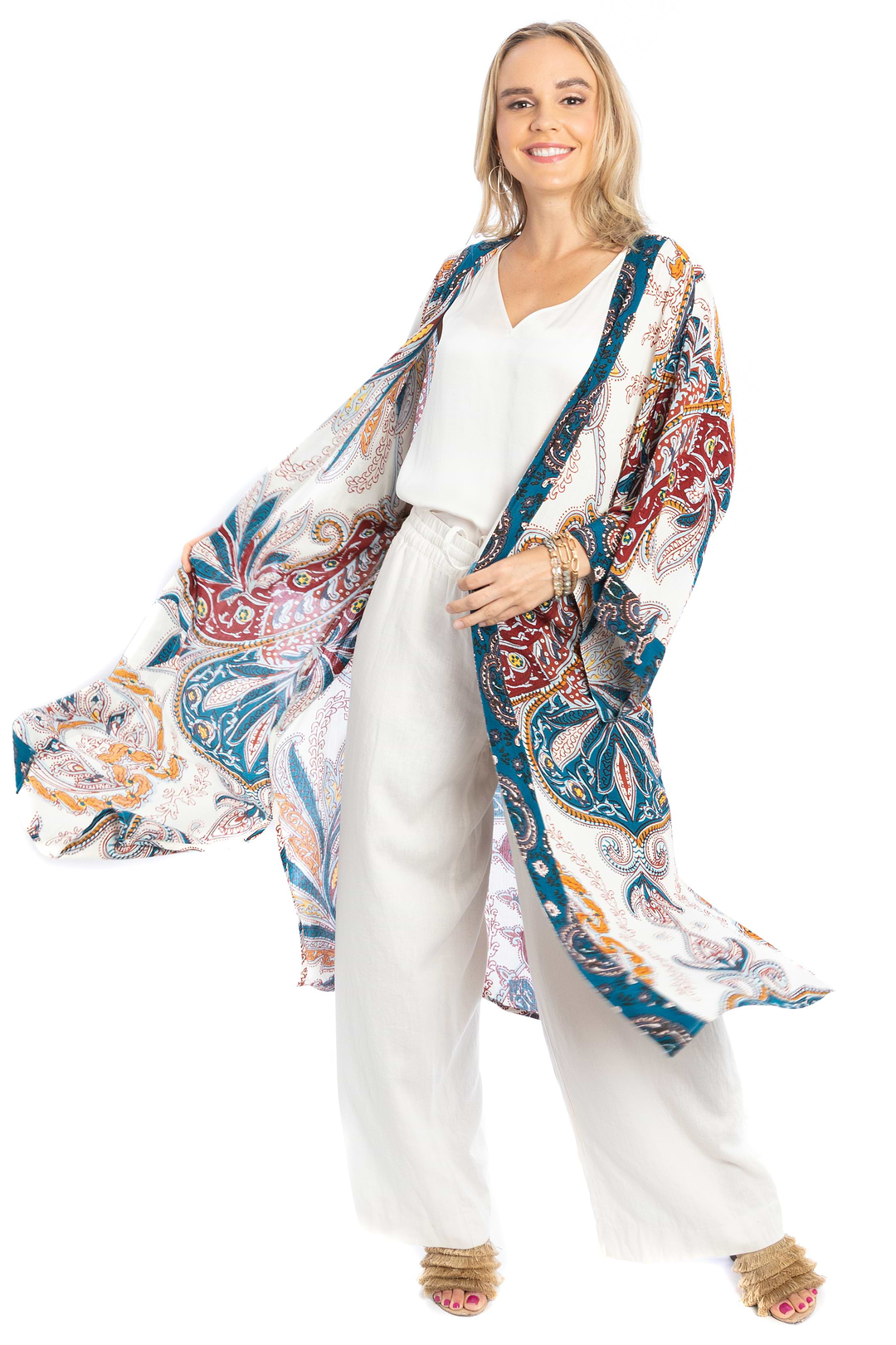 Multicolored Paisley Kimono Duster Long - Blue