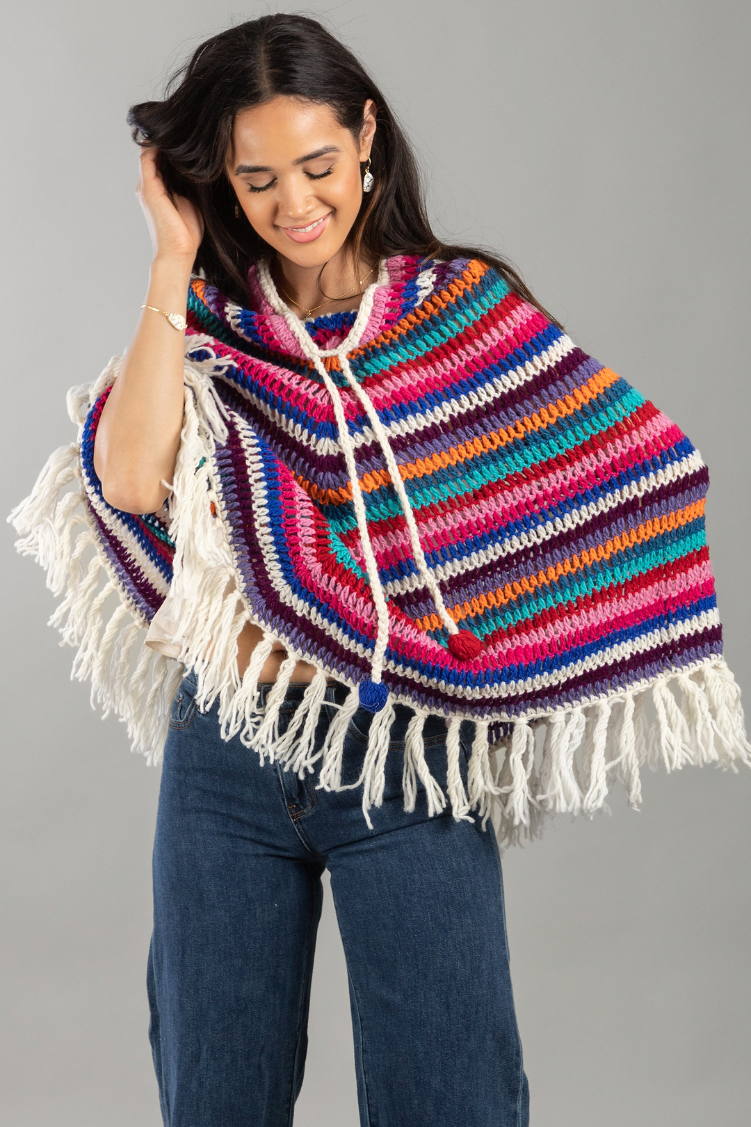 Open Weave Crochet Rainbow Poncho - Dark Multi