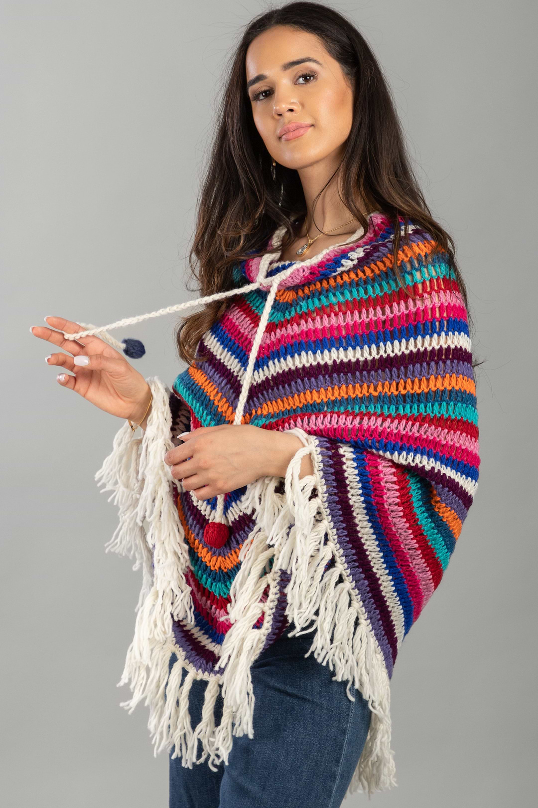 Open Weave Crochet Rainbow Poncho - Dark Multi