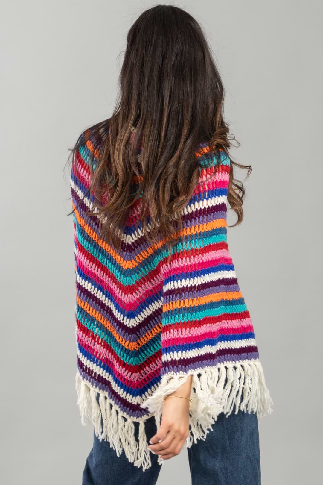 Open Weave Crochet Rainbow Poncho - Dark Multi