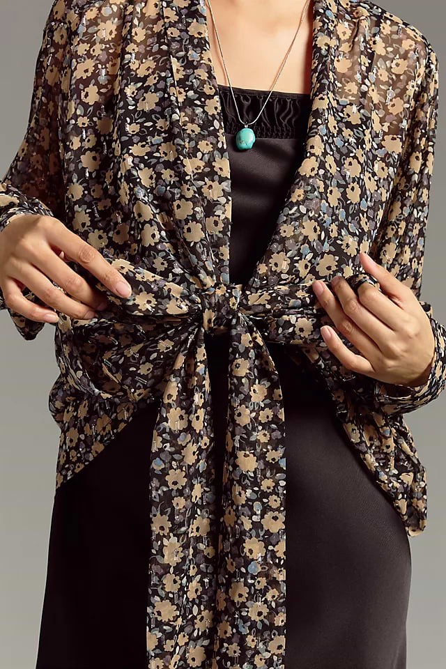 Tie Front Floral Kimono - Black