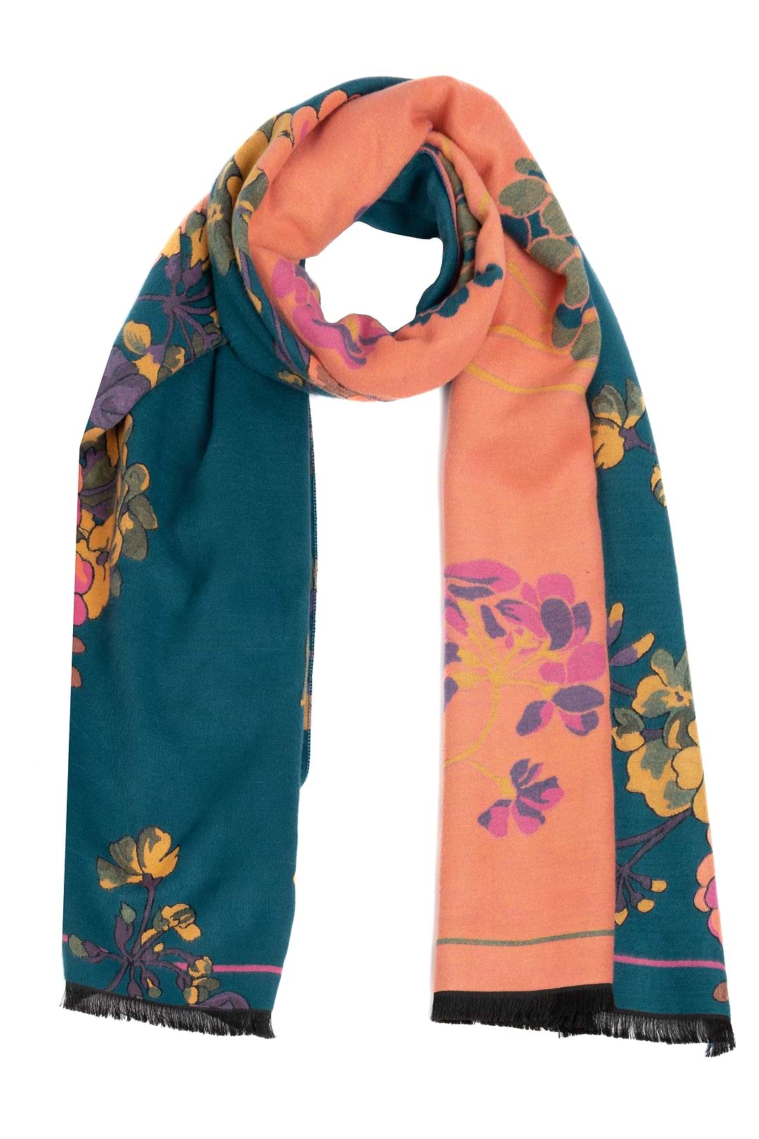 Two Tone Floral Reversible Scarf - Teal