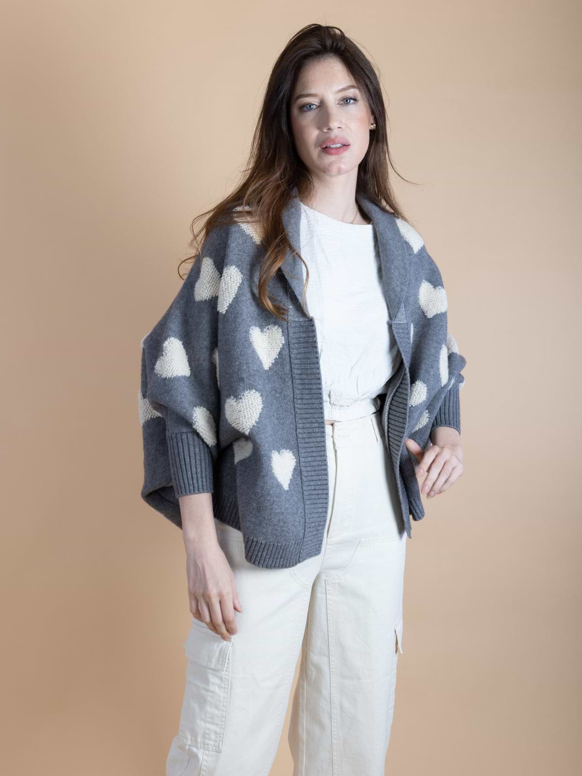 Heart Cardigan Ribbed Knit - Gray