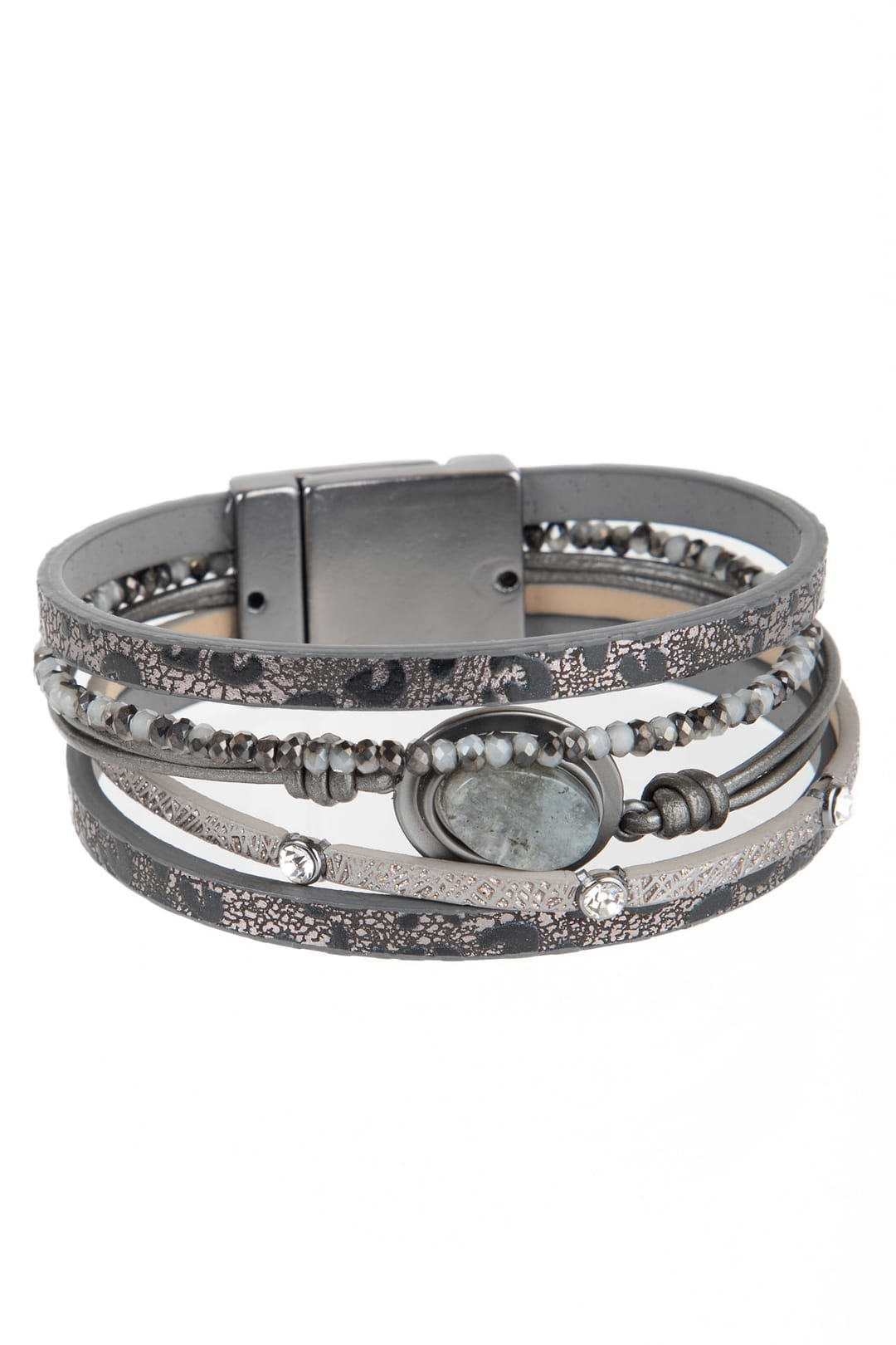 Natural Stone Beaded Leather Bracelet - Gray