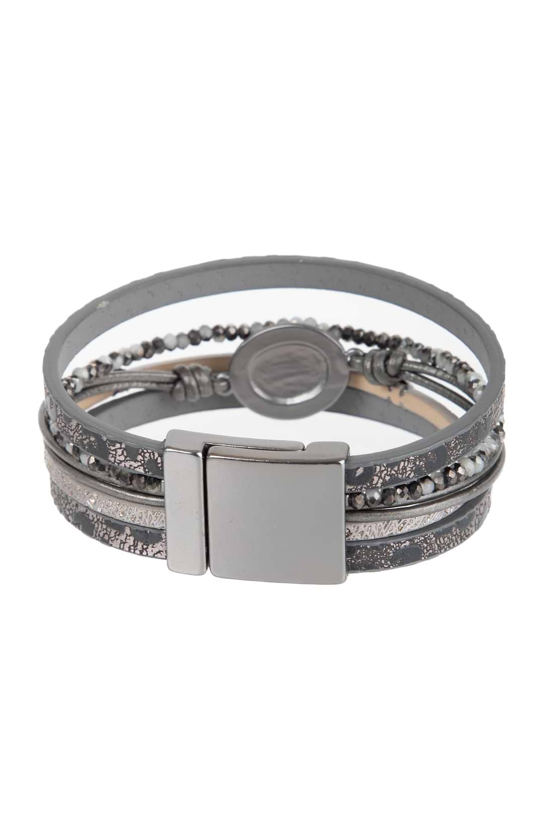 Natural Stone Beaded Leather Bracelet - Gray