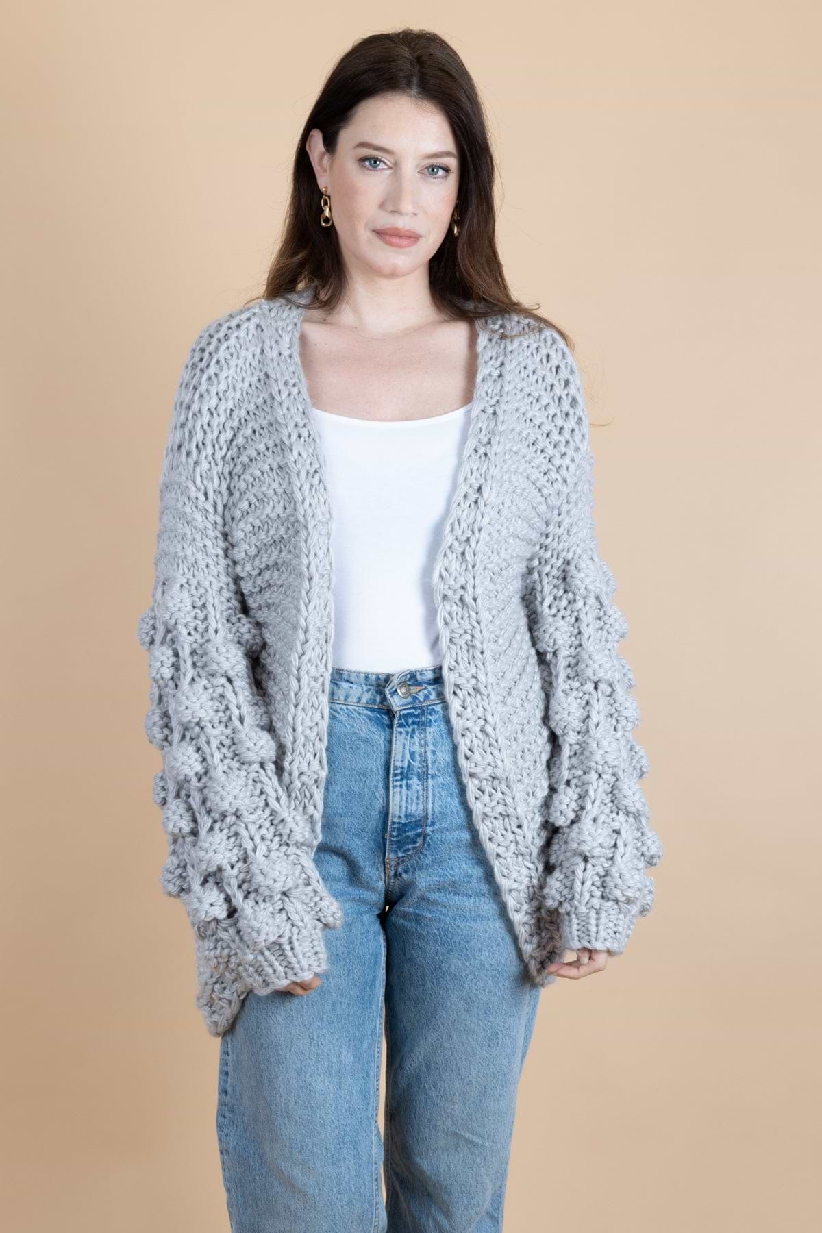 Knit Cardigan With Bauble Sleeves - Light Slate Gray