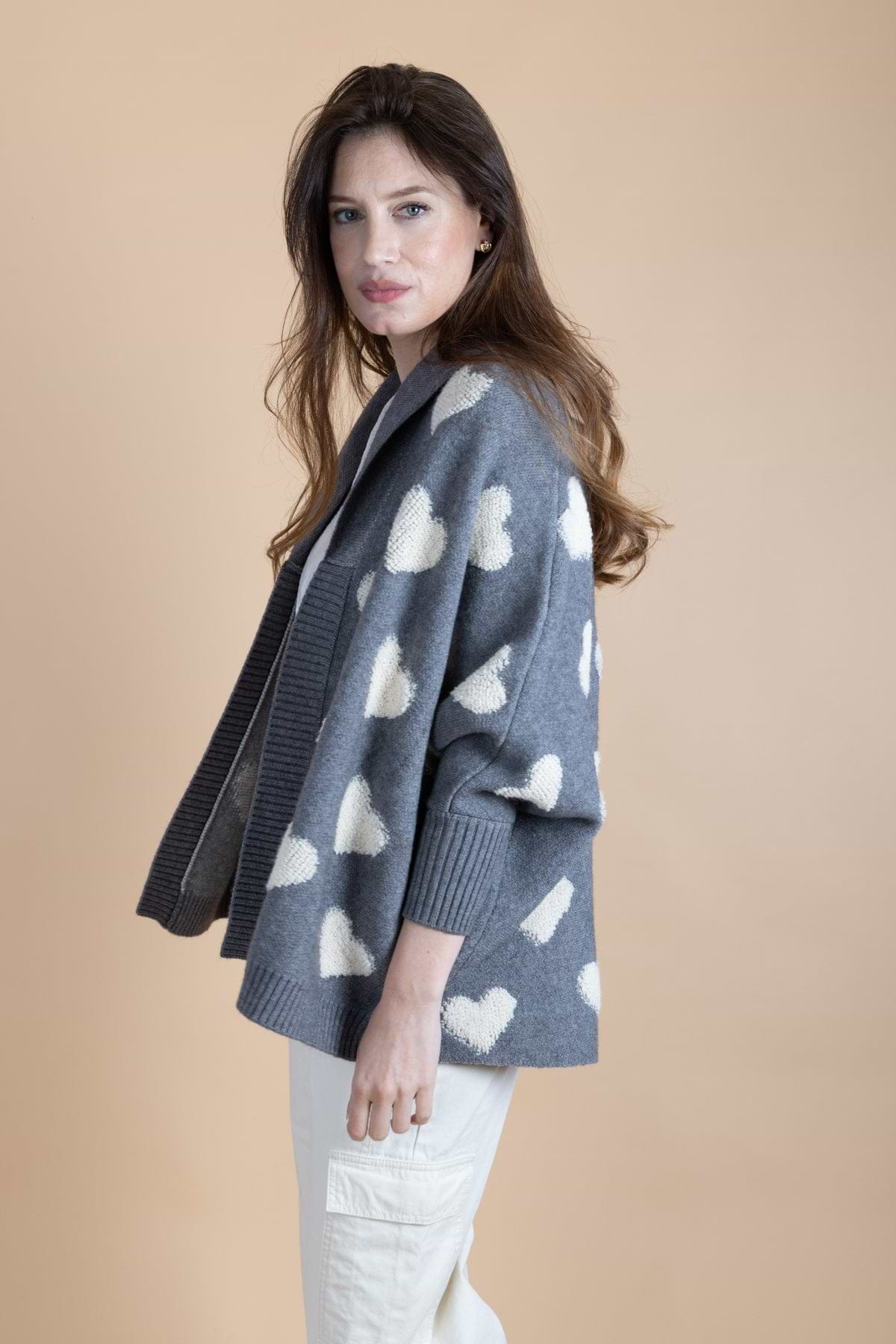 Heart Cardigan Ribbed Knit - Gray
