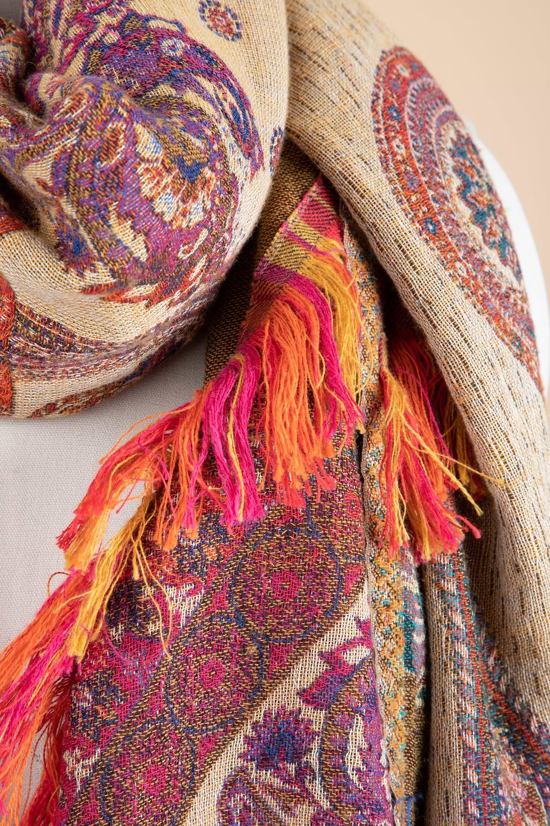 Floral Paisley Fringed Scarf - Light Brown